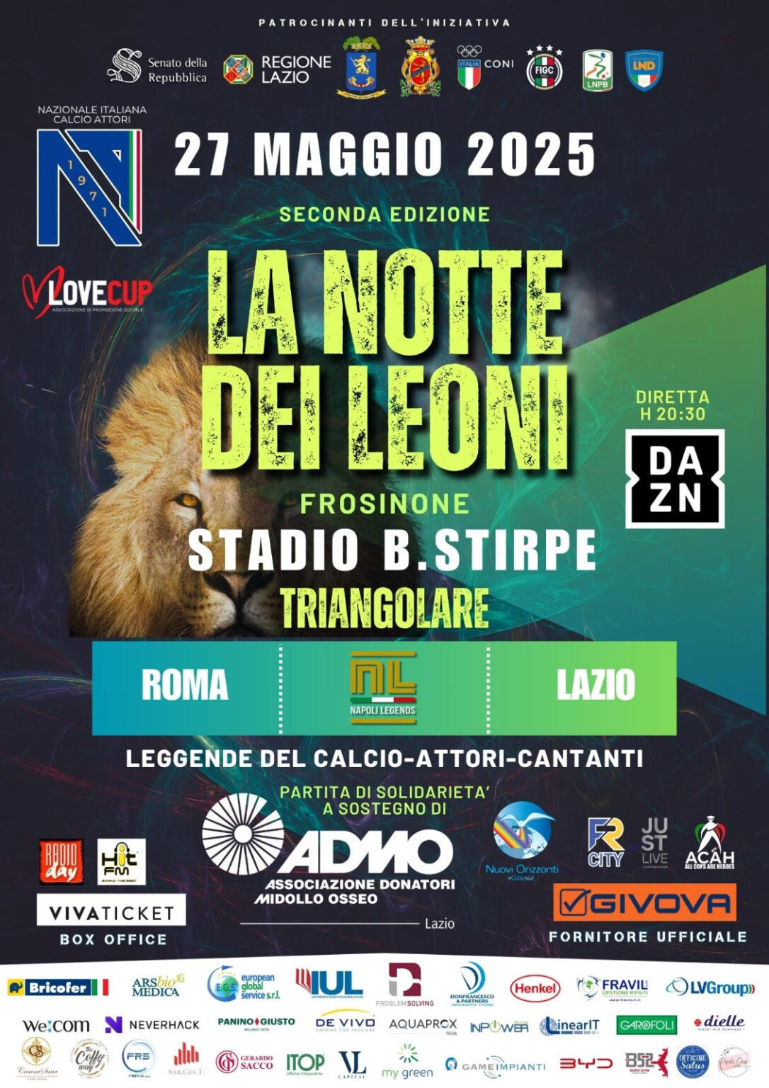 “La Notte dei Leoni”: grandi campioni, solidarietà e spettacolo allo Stadio Stirpe di Frosinone