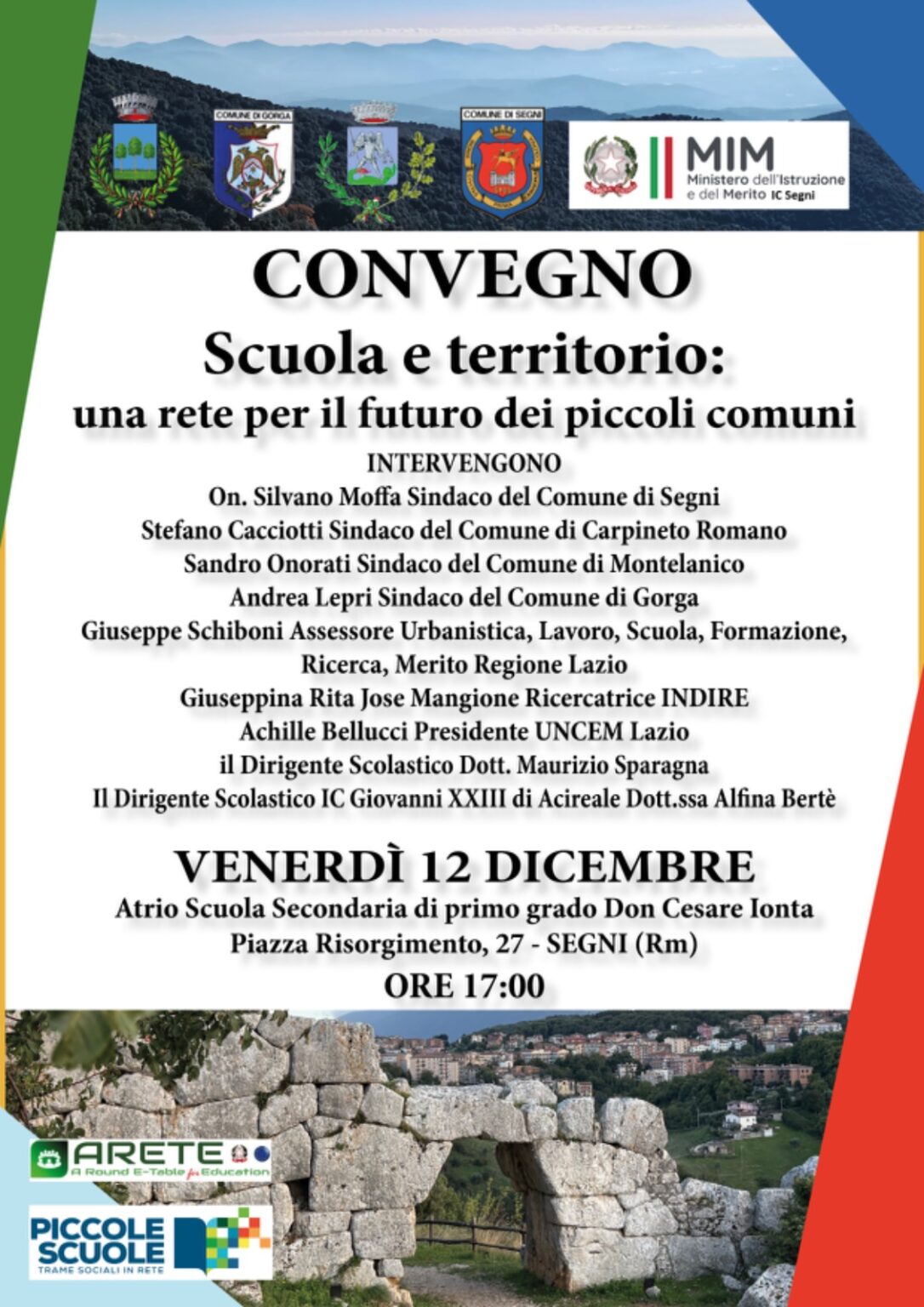 Segni ospita il convegno “Scuola e territorio: una rete per il futuro dei piccoli Comuni”