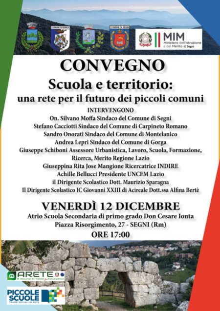 Segni ospita il convegno “Scuola e territorio: una rete per il futuro dei piccoli Comuni”