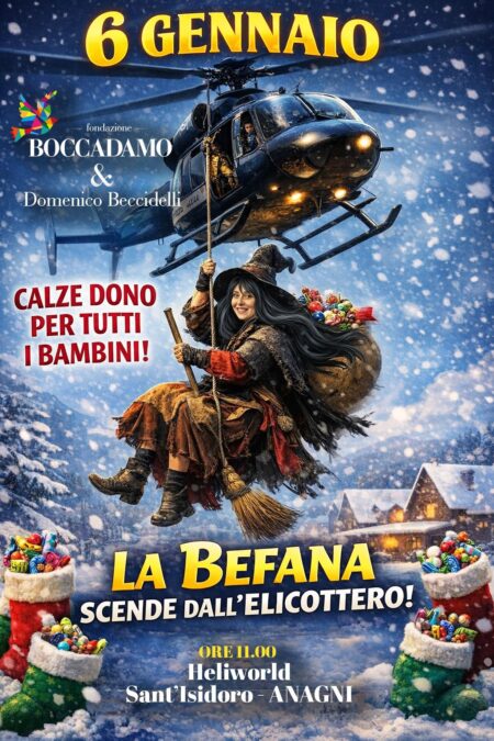 La Befana in elicottero ad Anagni: festa e solidarietà con la Fondazione Boccadamo nel Centro Costruzioni