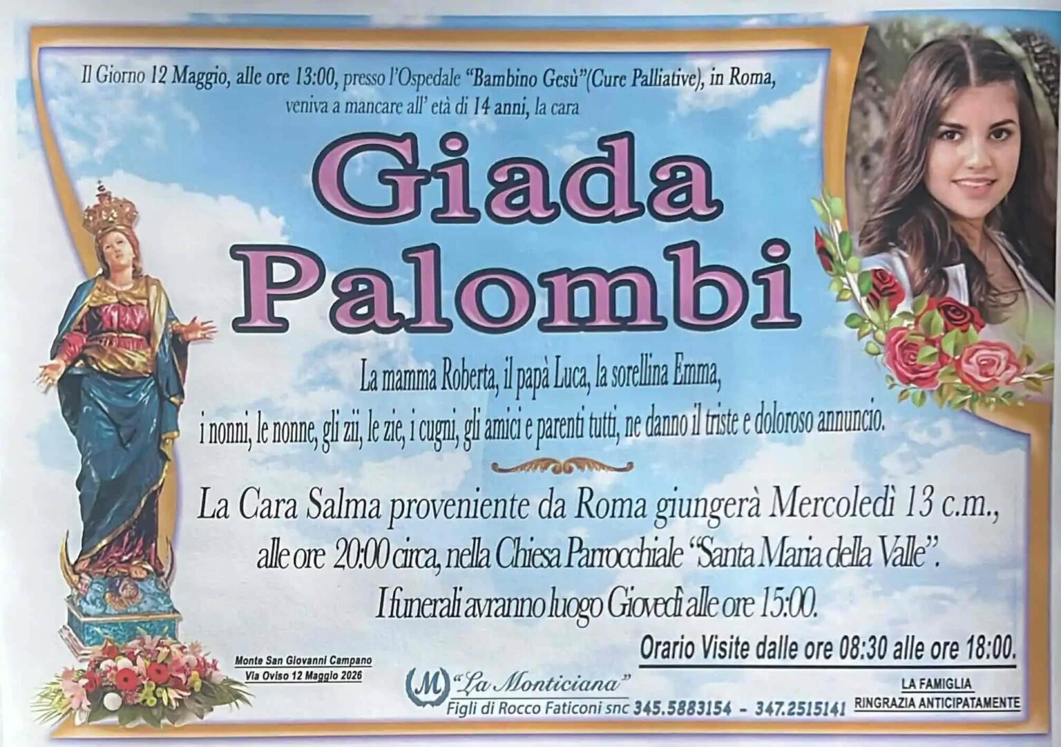 Veroli avvolta dal dolore: l’ultimo volo di Giada, strappata troppo presto alla vita