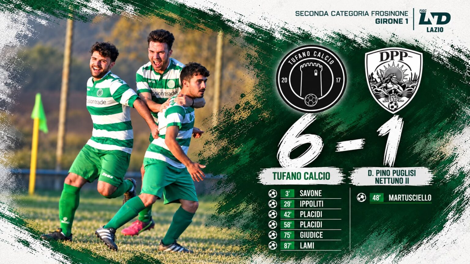 Tufano Calcio travolgente: 6-1 al Nettuno II e festa a Tufano di Anagni